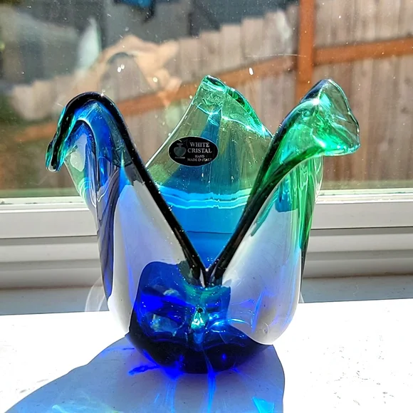 Murano Glass Blue White Crystal TulipVase - Picture 1 of 5